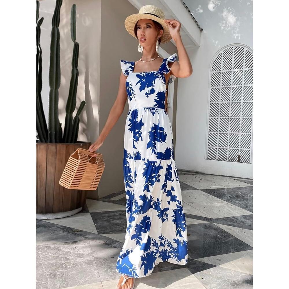 Summer Dress Royal Blue Floral Print A-Line Dress Ruffle Sleeve Women's Size M